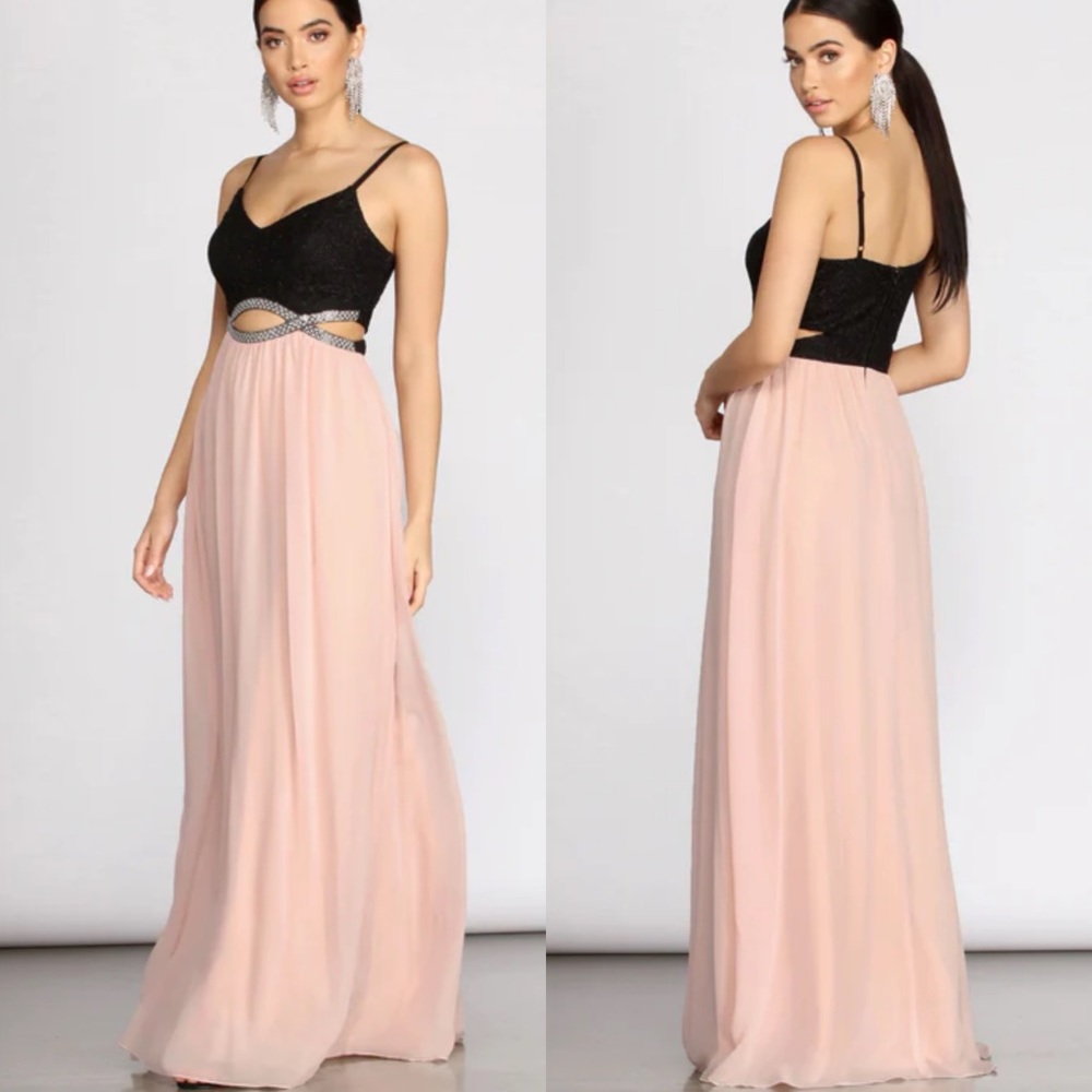 Tabia Pink Black Rhinestone Maxi Dress
